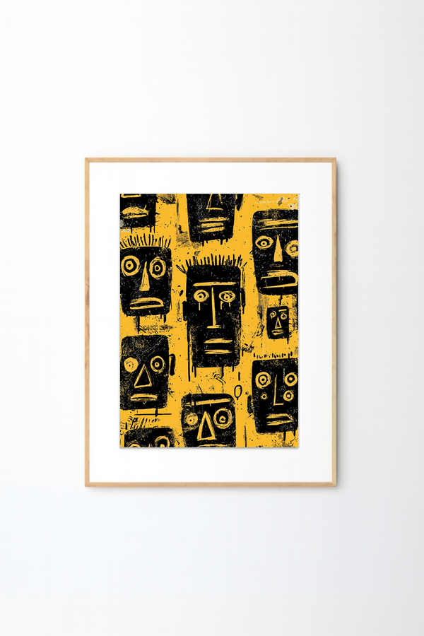 Afro Urban Mask Art Print – Bold Yellow & Black Abstract Wall Decor