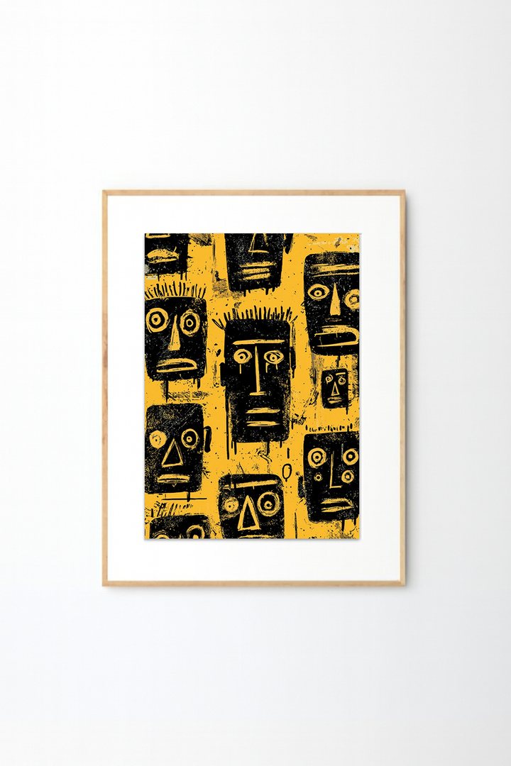 Afro Urban Mask Art Print – Bold Yellow & Black Abstract Wall Decor