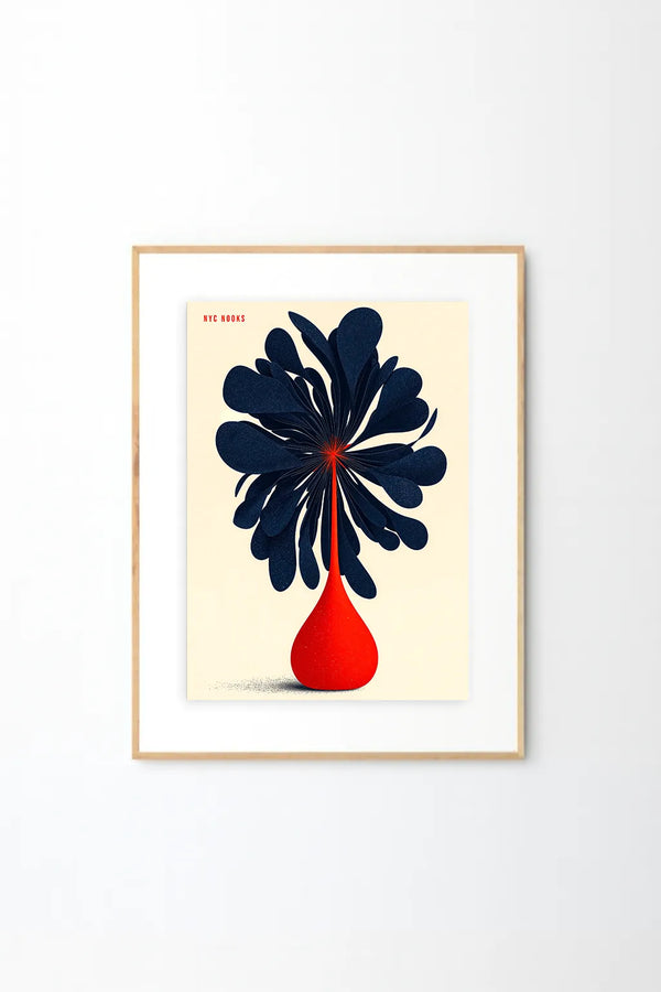 Midnight Bloom in Red Vase – Modern Abstract Floral Wall Art Print