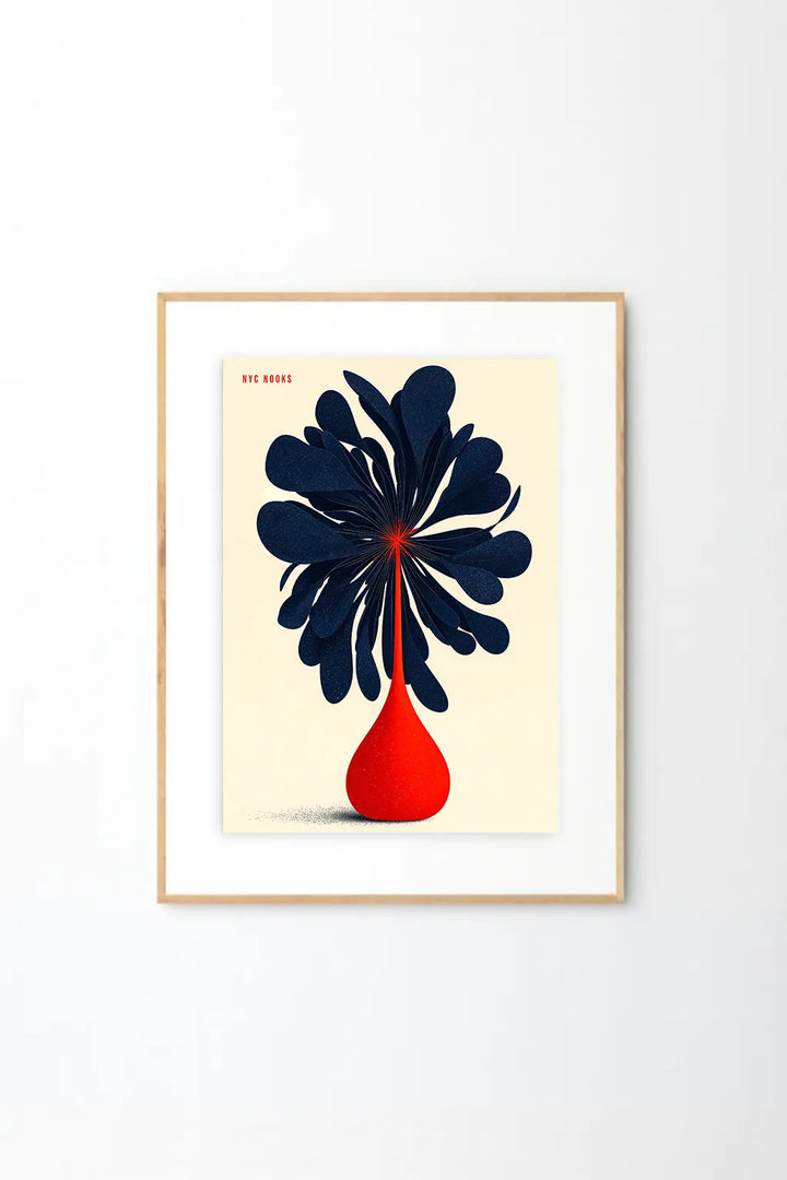 Midnight Bloom in Red Vase – Modern Abstract Floral Wall Art Print