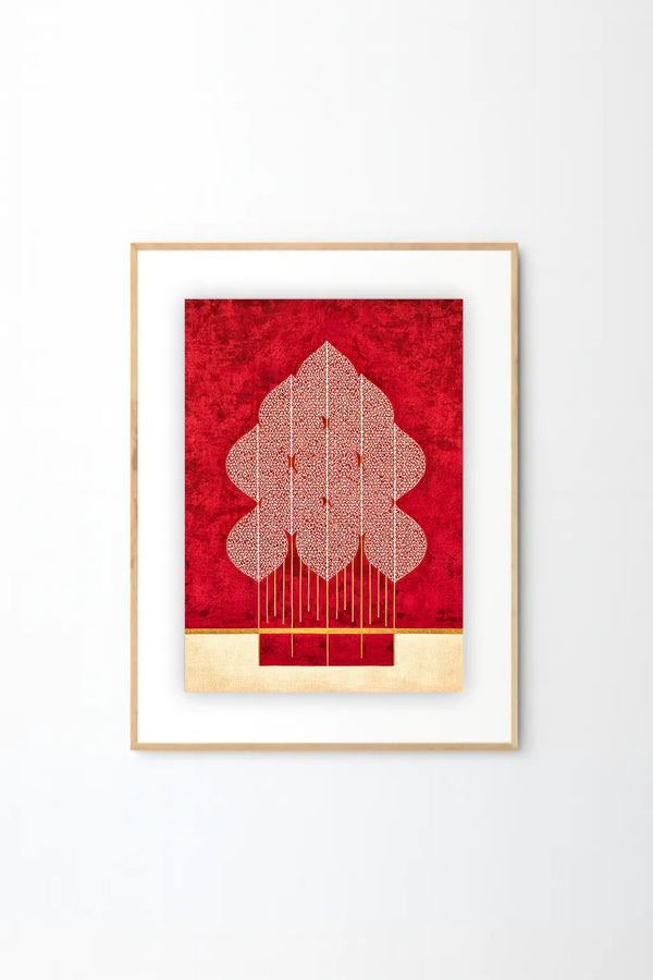 Golden Himalayan Tree Art Print – Sacred Red & Gold Botanical