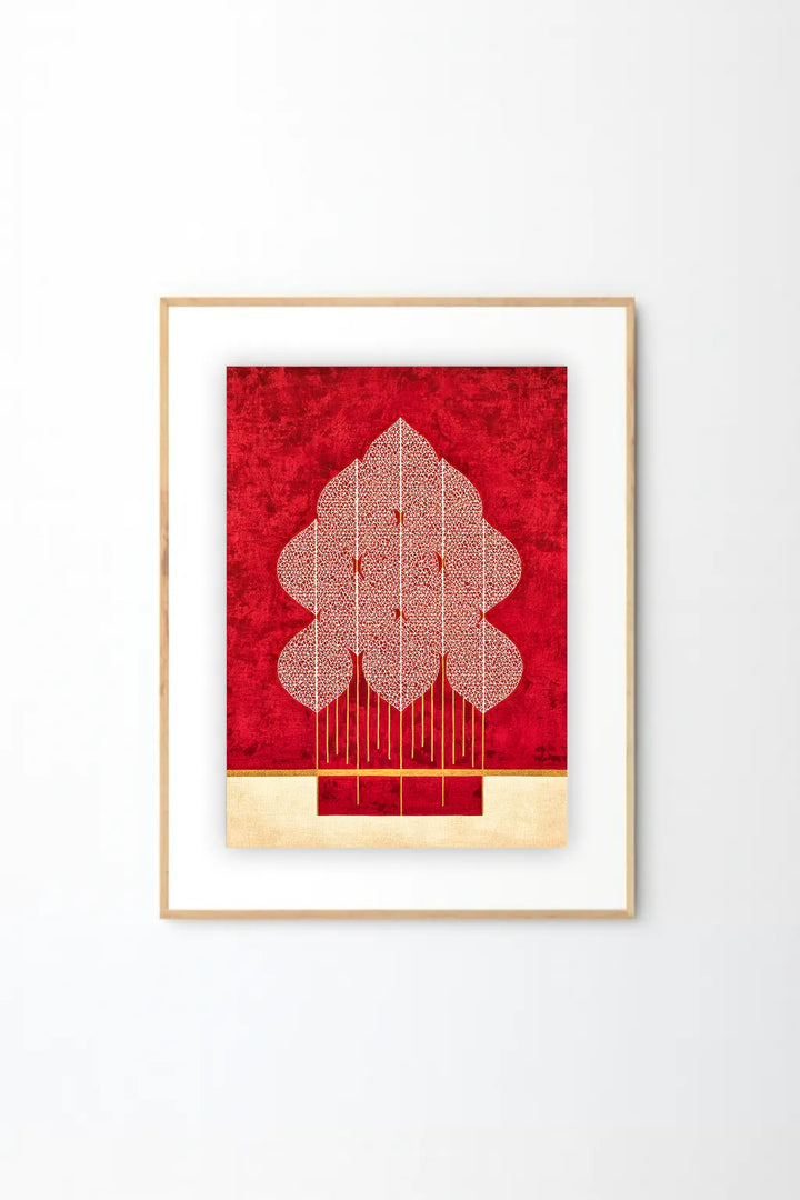Red & Gold Sacred Tree Art Print – Elegant Modern Spiritual Wall Art