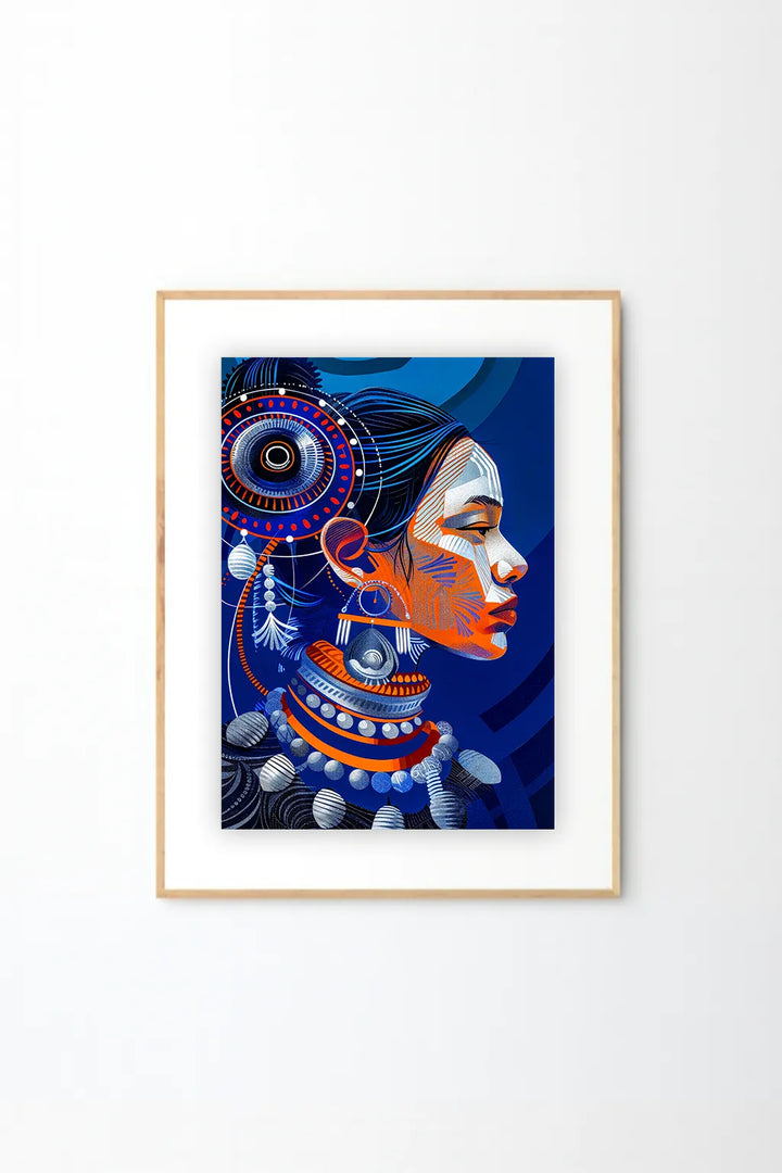Tribal Portrait Art Print – Vibrant Blue & Orange Cultural Illustration