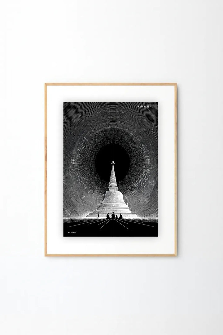 Black & White Stupa Nightscape Art Print – Minimal Spiritual Architecture Illustration