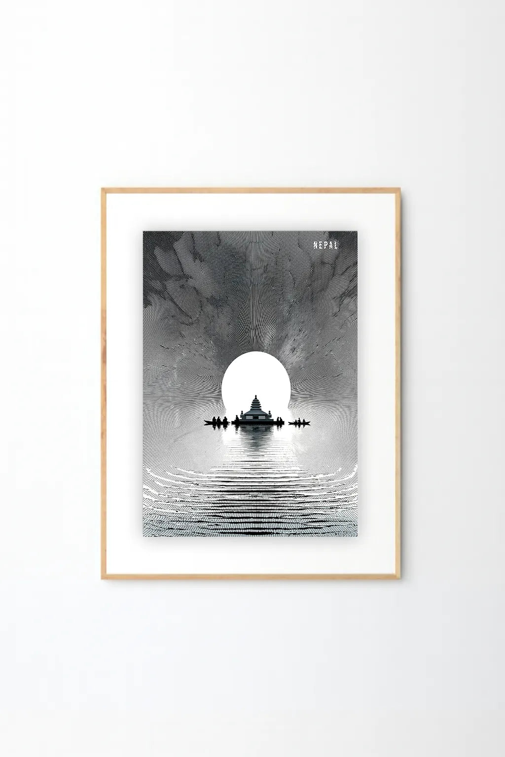 Nepal Temple Reflection Art Print – Minimal Black & White Landscape Illustration