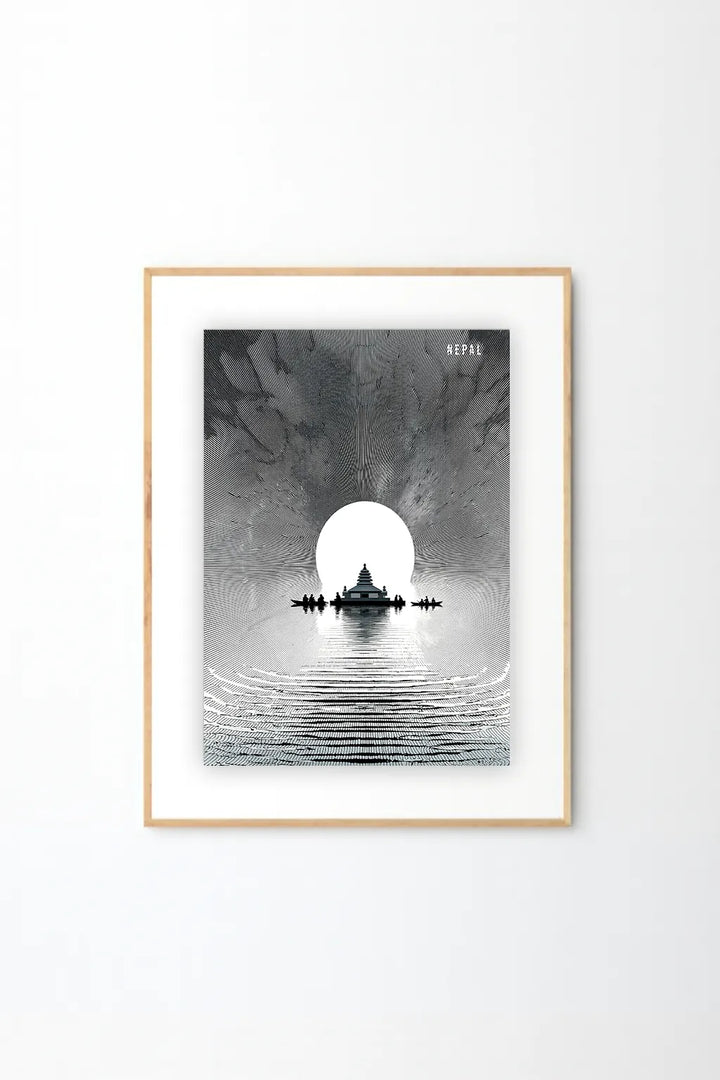 Nepal Temple Reflection Art Print – Minimal Black & White Landscape Illustration