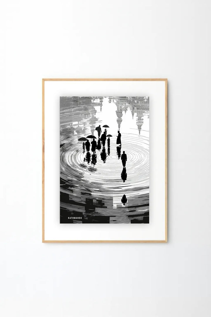 Kathmandu Reflections Art Print – Black & White Urban Silhouette Illustration