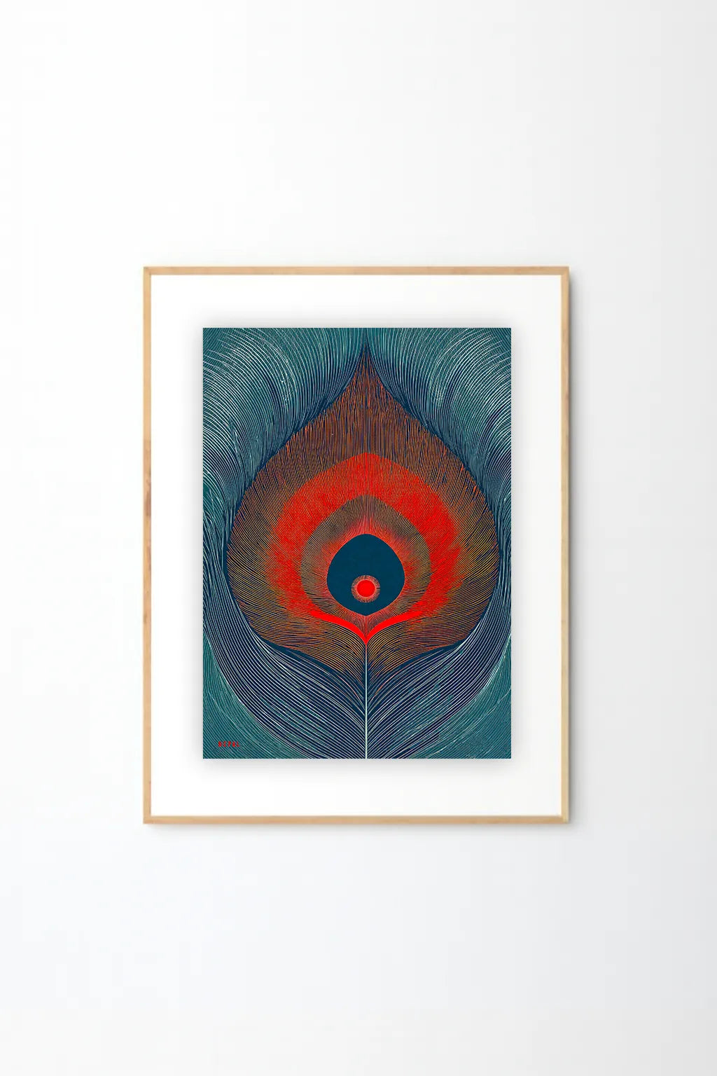 Peacock Feather Art Print – Vibrant Blue & Red Modern Botanical Illustration