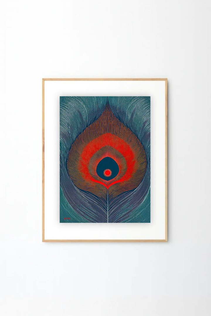 Peacock Feather Art Print – Vibrant Blue & Red Modern Botanical Illustration