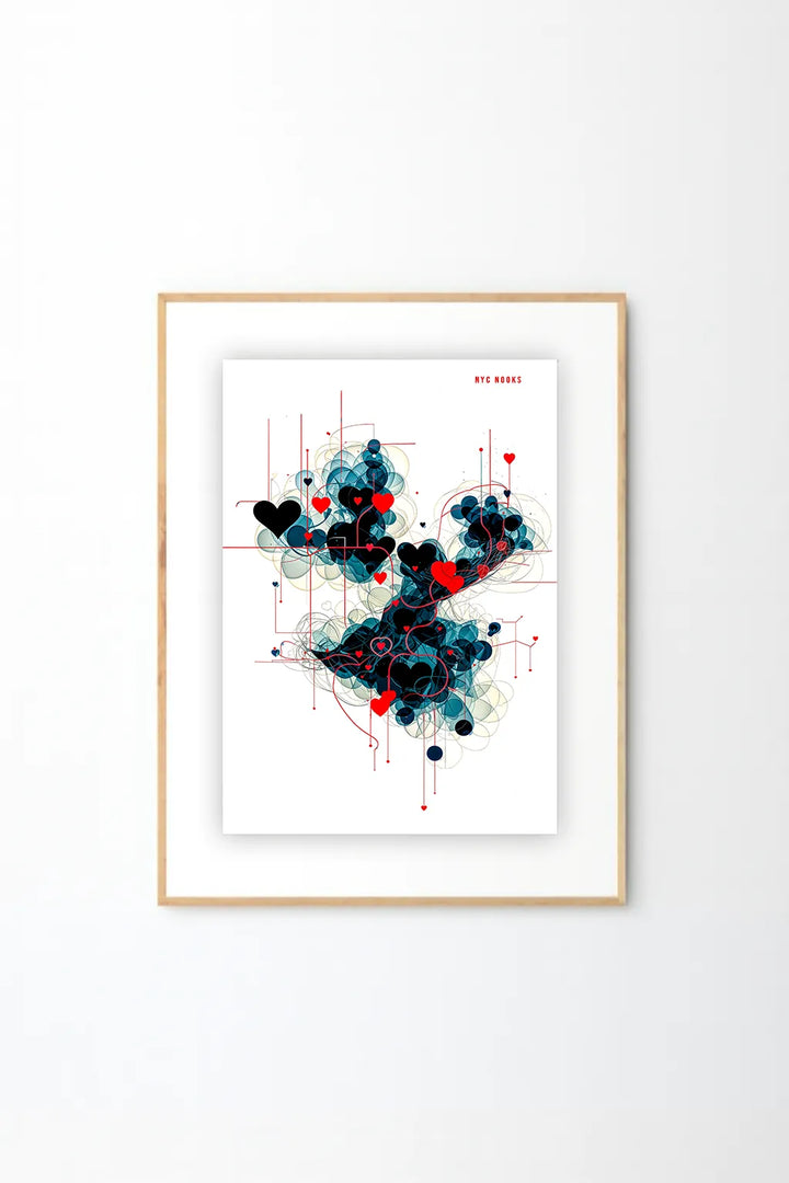 Modern Heart Geometry Art Print – Abstract Love Illustration in Red & Blue
