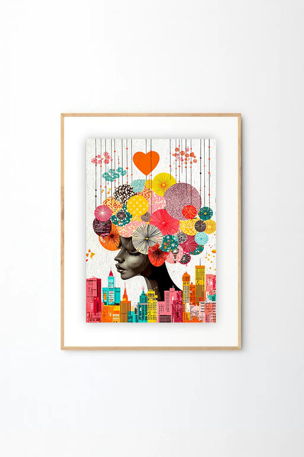 Colorful Urban Dreamscape Art Print – Modern Afro Portrait with City & Floral Elements
