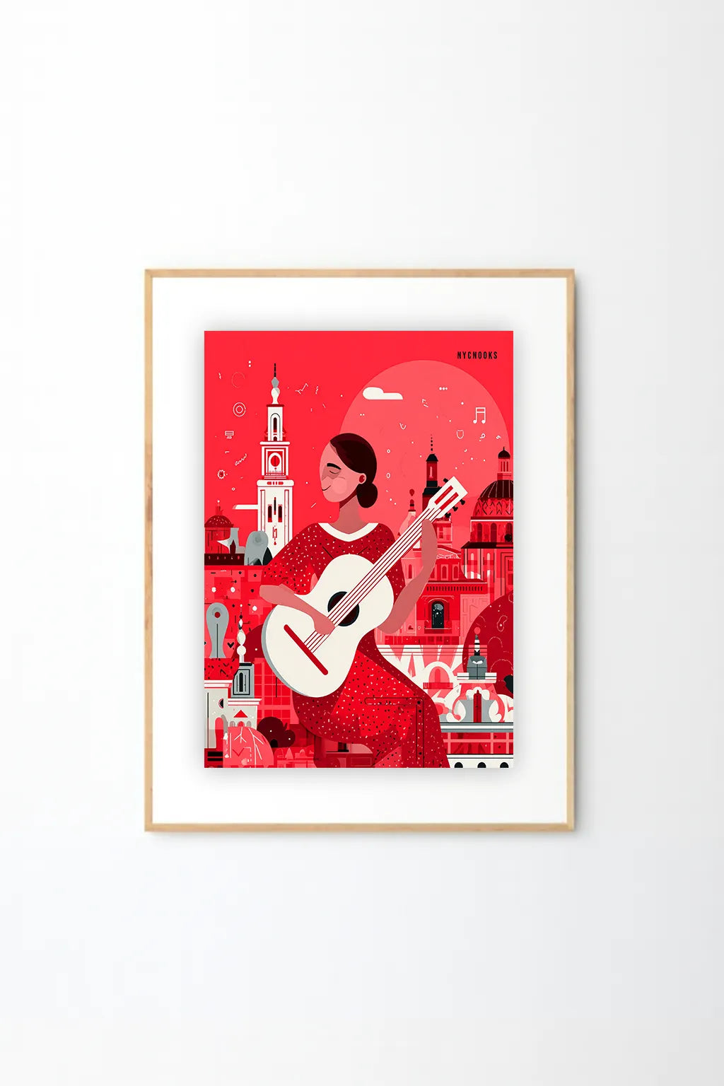 Spanish Guitarist Art Print – Vibrant Red Cityscape & Modern Illustration