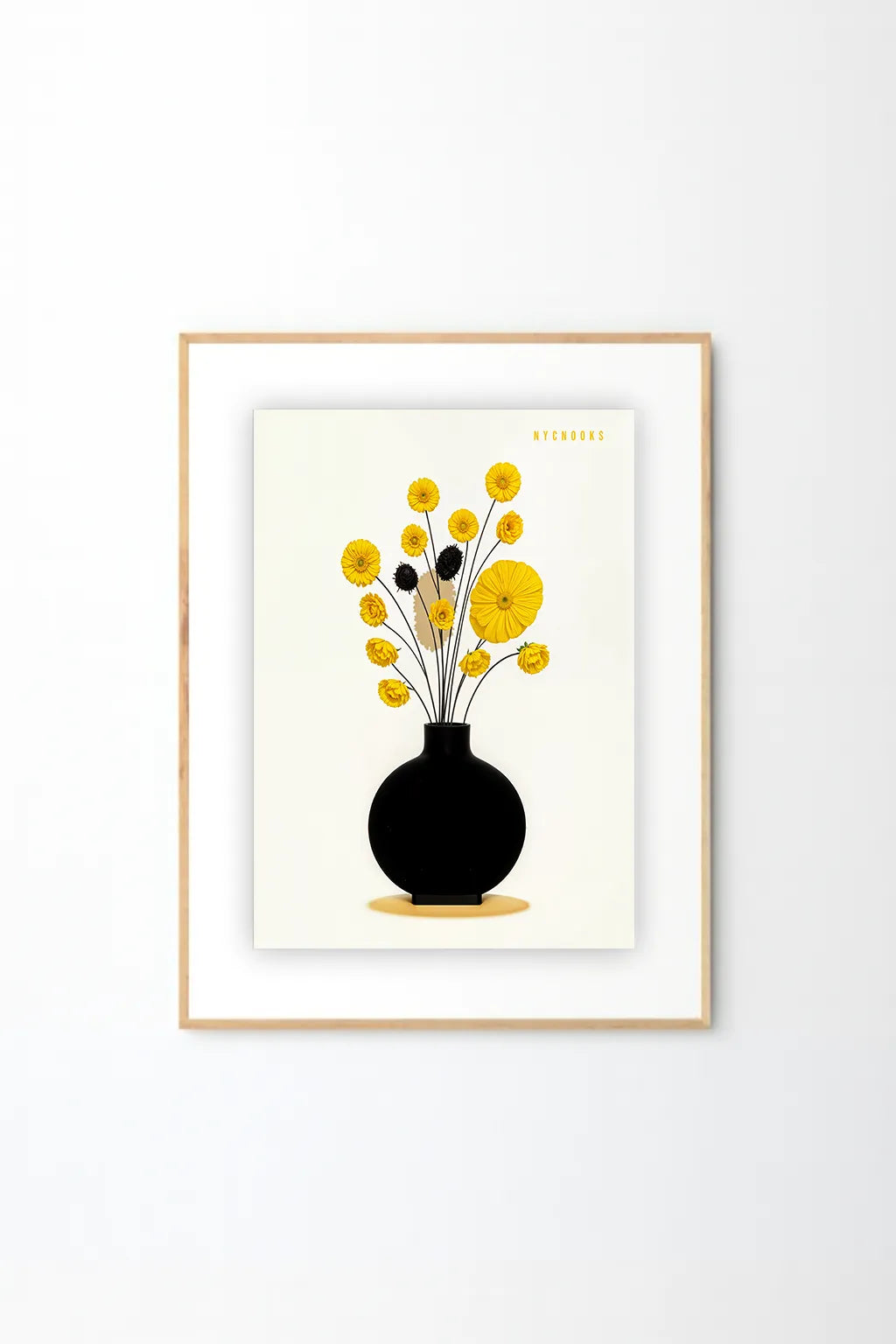 Minimal Floral Vase Art Print – Modern Yellow Bloom Illustration in Black Ceramic Vase