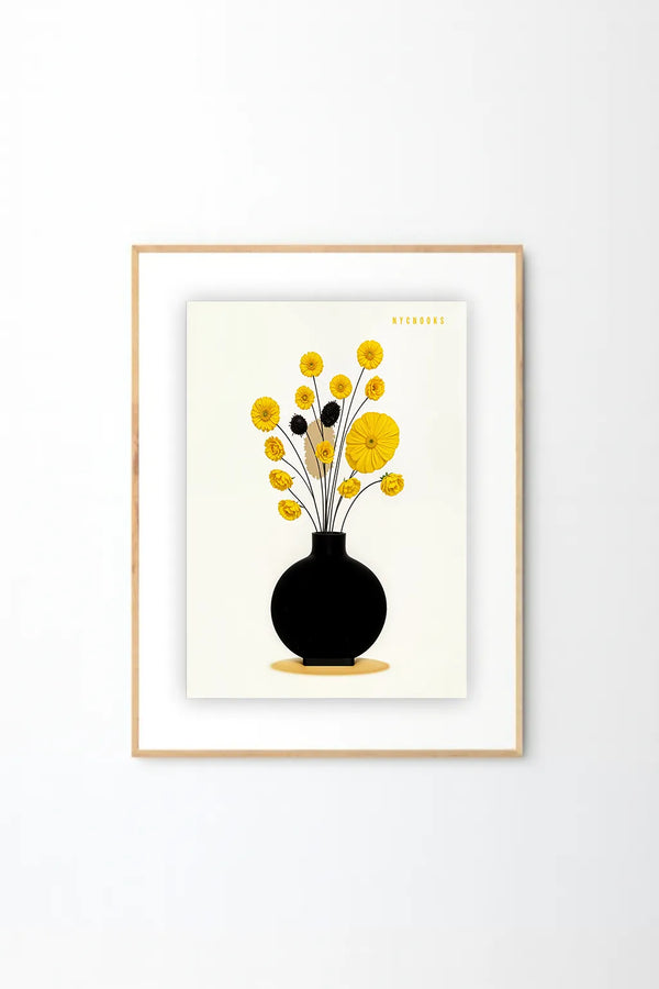 Minimal Floral Vase Art Print – Modern Yellow Bloom Illustration in Black Ceramic Vase