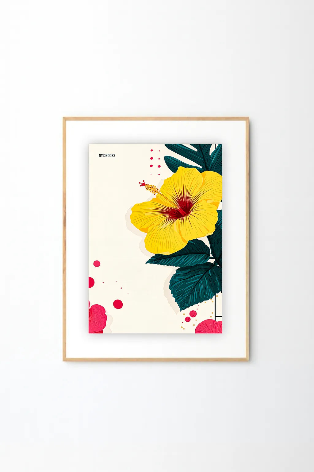 Yellow Hibiscus Wall Art Print – Tropical Botanical Illustration with Teal Leaves & Modern Minimal Design