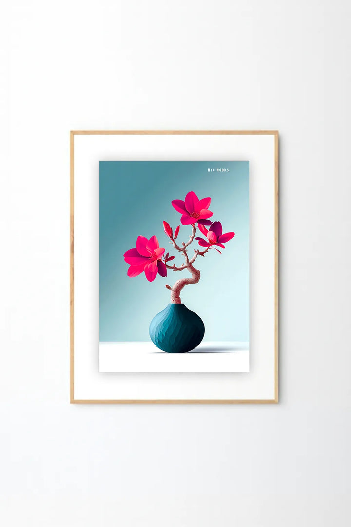 Pink Blossom Bonsai Art Print – Modern Minimalist Floral Illustration in Teal Textured Vase