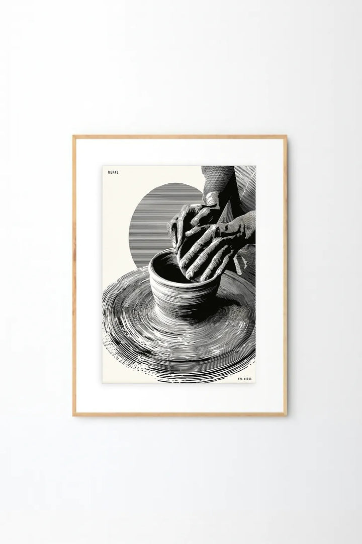 Nepal Pottery Craft – Monochrome Artisan Hands Wall Art Print