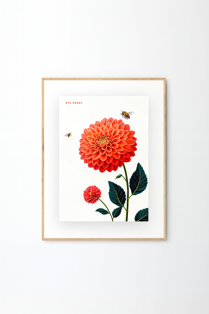 Red Dahlia Flower Art Print with Bees – Botanical Wall Art, Nature Illustration, Modern Floral Decor