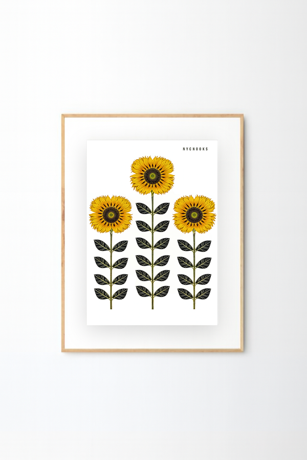 Three Sunflowers Botanical Art Print – Modern Floral Wall Decor, Minimalist Nature Illustration