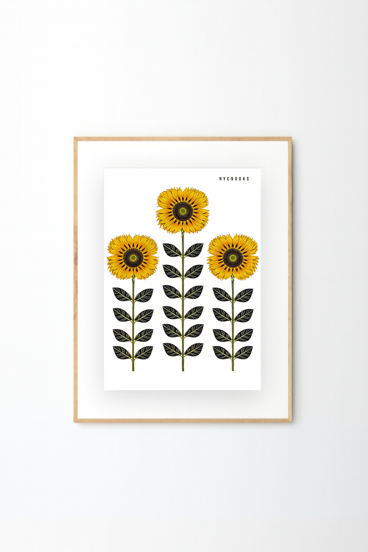 Three Sunflowers Botanical Art Print – Modern Floral Wall Decor, Minimalist Nature Illustration