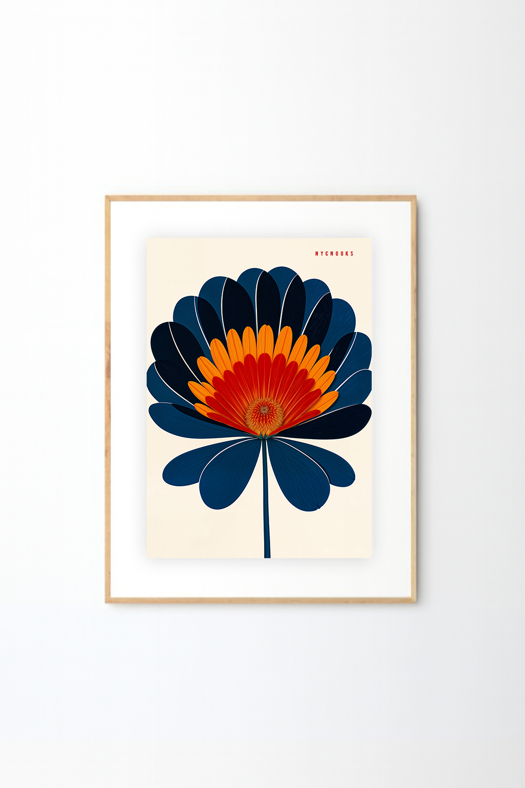 Bold Modern Floral Art Print – Vibrant Orange & Navy Abstract Flower Wall Decor