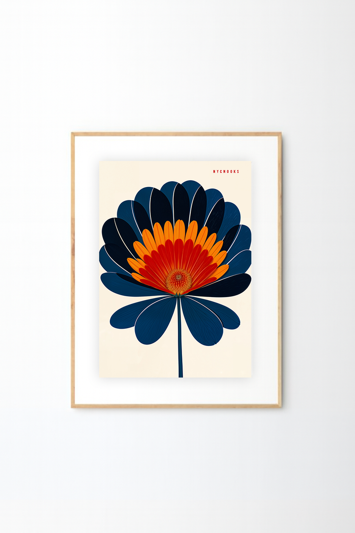 Bold Modern Floral Art Print – Vibrant Orange & Navy Abstract Flower Wall Decor