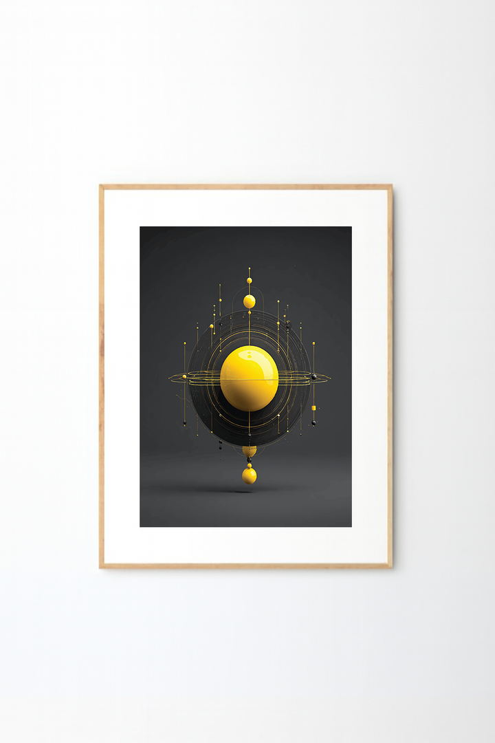Abstract Golden Orbit Wall Art – Modern Futuristic Geometric Sphere Print