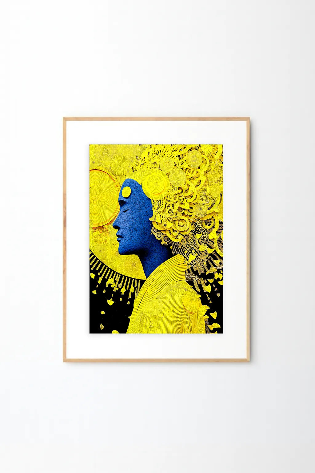 Golden Aura Blue Portrait – Contemporary Abstract Face Wall Art Print