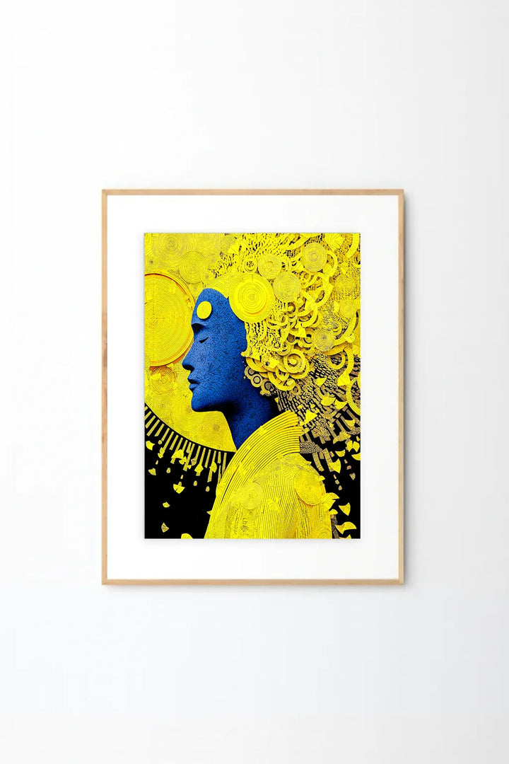 Golden Aura Blue Portrait – Contemporary Abstract Face Wall Art Print