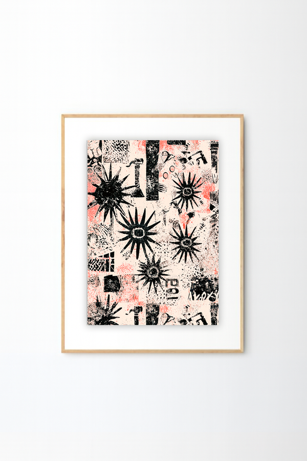 African Abstract Pattern Art - Black Stars on Blush