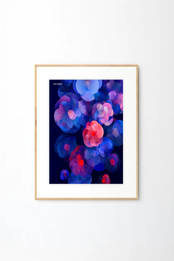 Midnight Petals – Modern Blue & Purple Floral Wall Art Print