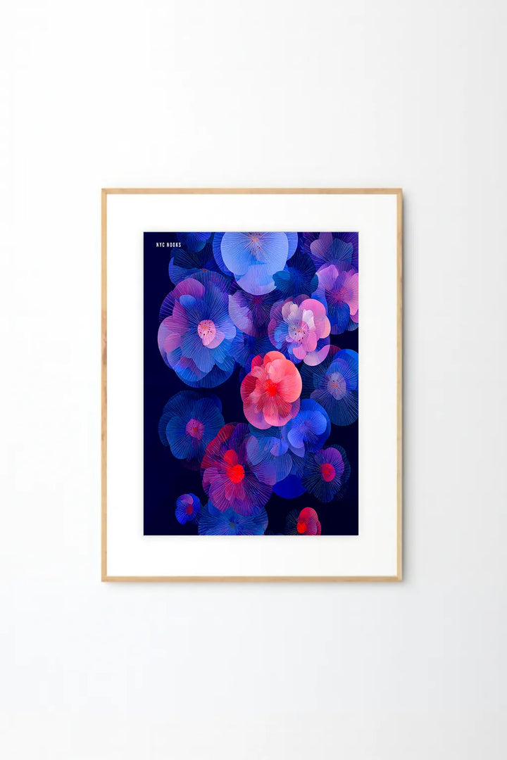 Midnight Petals – Modern Blue & Purple Floral Wall Art Print