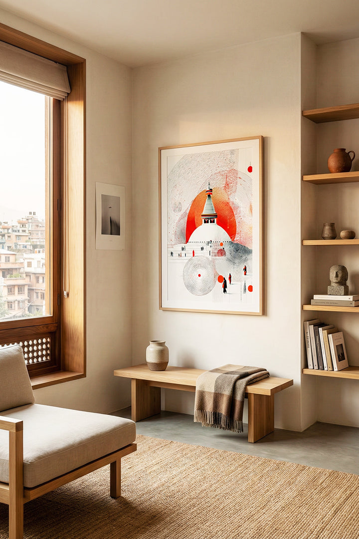 Himalayan Stupa in Red Sun – Modern Nepal Spiritual Wall Art