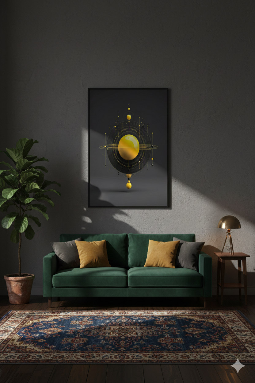 Abstract Golden Orbit Wall Art – Modern Futuristic Geometric Sphere Print