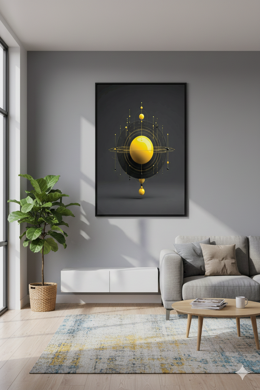 Abstract Golden Orbit Wall Art – Modern Futuristic Geometric Sphere Print