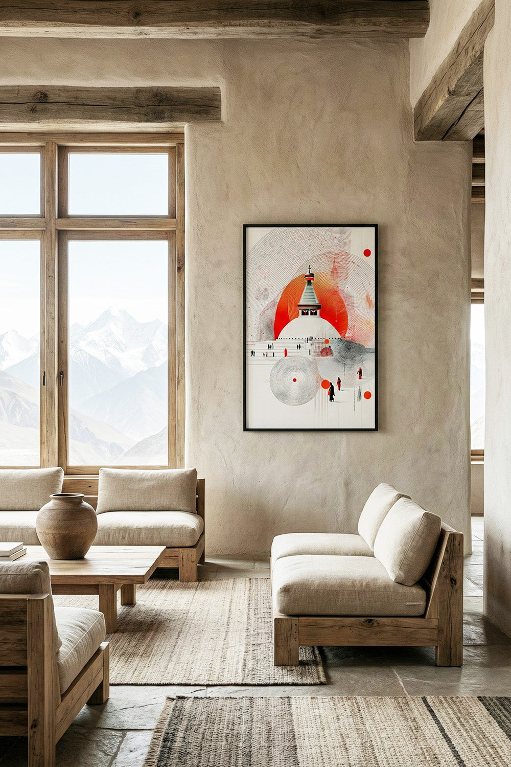 Himalayan Stupa in Red Sun – Modern Nepal Spiritual Wall Art