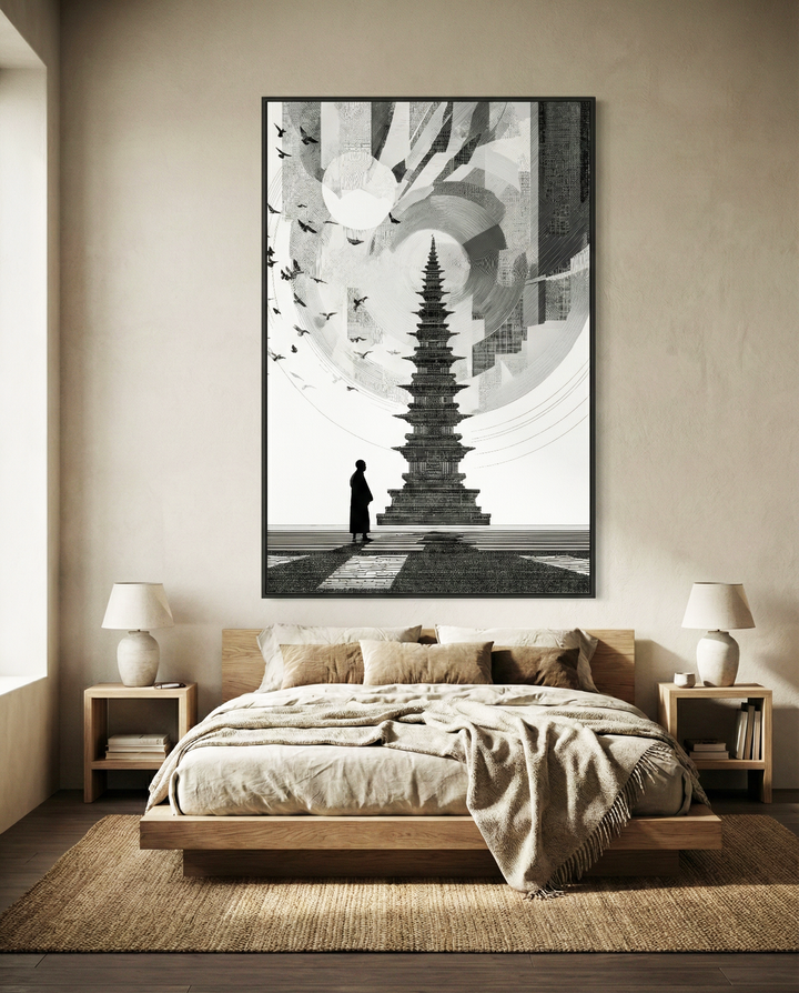 Himalayan Pagoda Art Print | Black & White Zen Wall Decor | Modern Spiritual Art