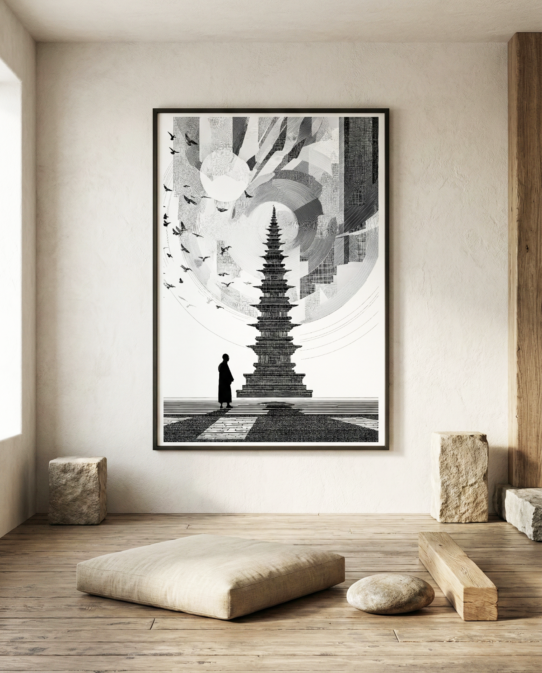 Himalayan Pagoda Art Print | Black & White Zen Wall Decor | Modern Spiritual Art