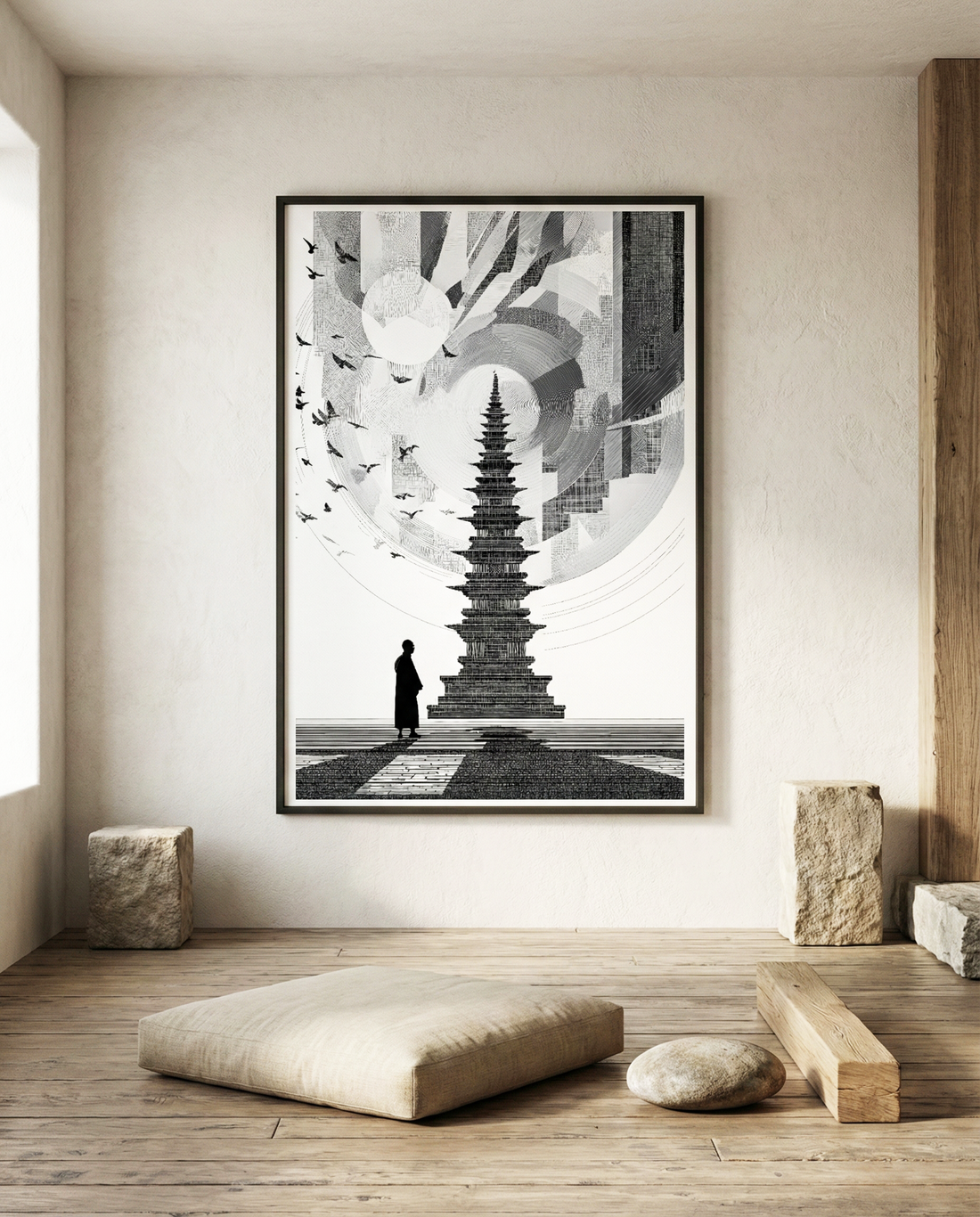 Himalayan Pagoda Art Print | Black & White Zen Wall Decor | Modern Spiritual Art