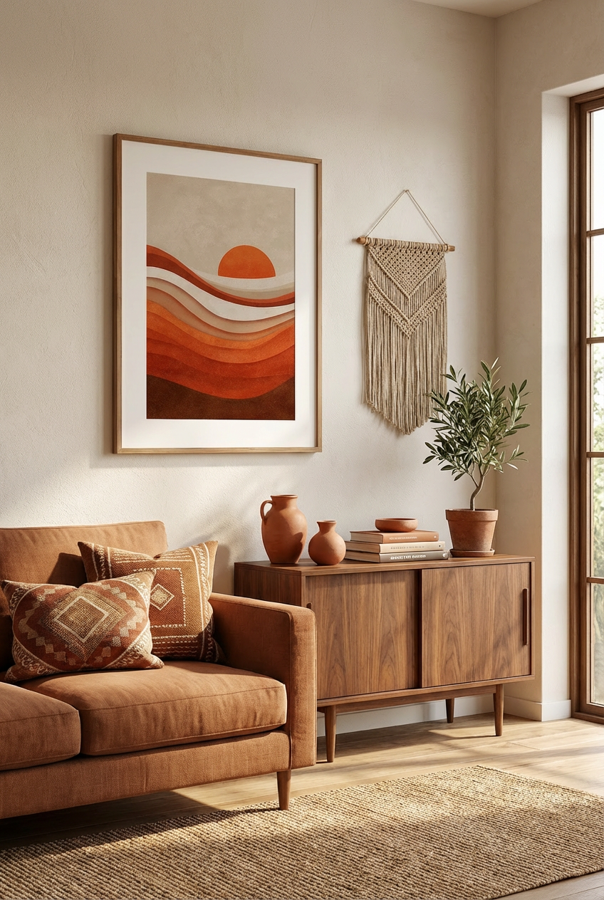 Afro Sunset Abstract Wall Art – African Inspired Earth Tone Landscape Modern Wall Decor