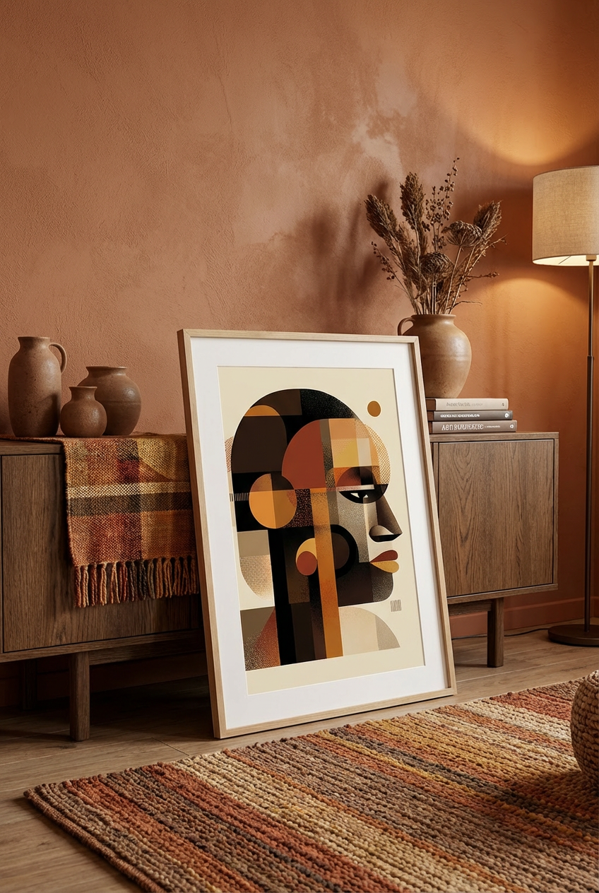 Afro Geometric Portrait Wall Art – African Inspired Abstract Face Modern Wall Decor