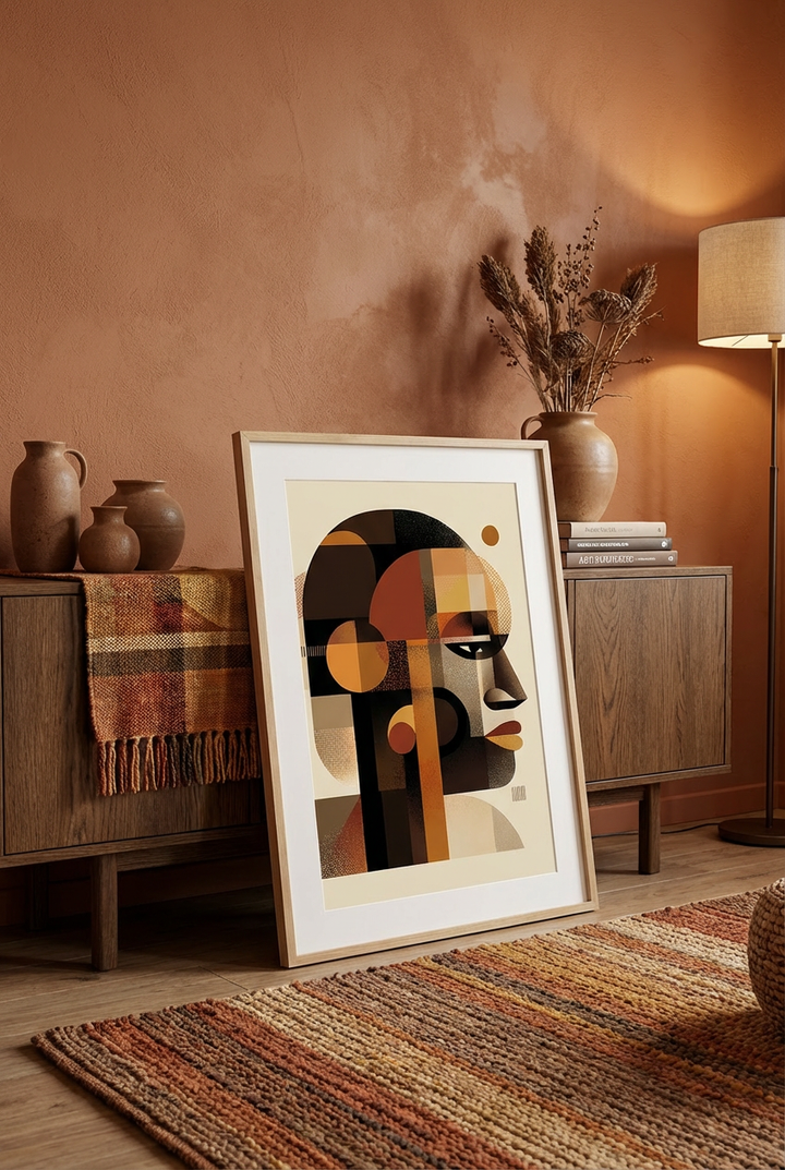 Afro Geometric Portrait Wall Art – African Inspired Abstract Face Modern Wall Decor