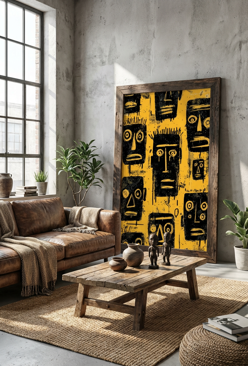 Afro Urban Mask Art Print – Bold Yellow & Black Abstract Wall Decor