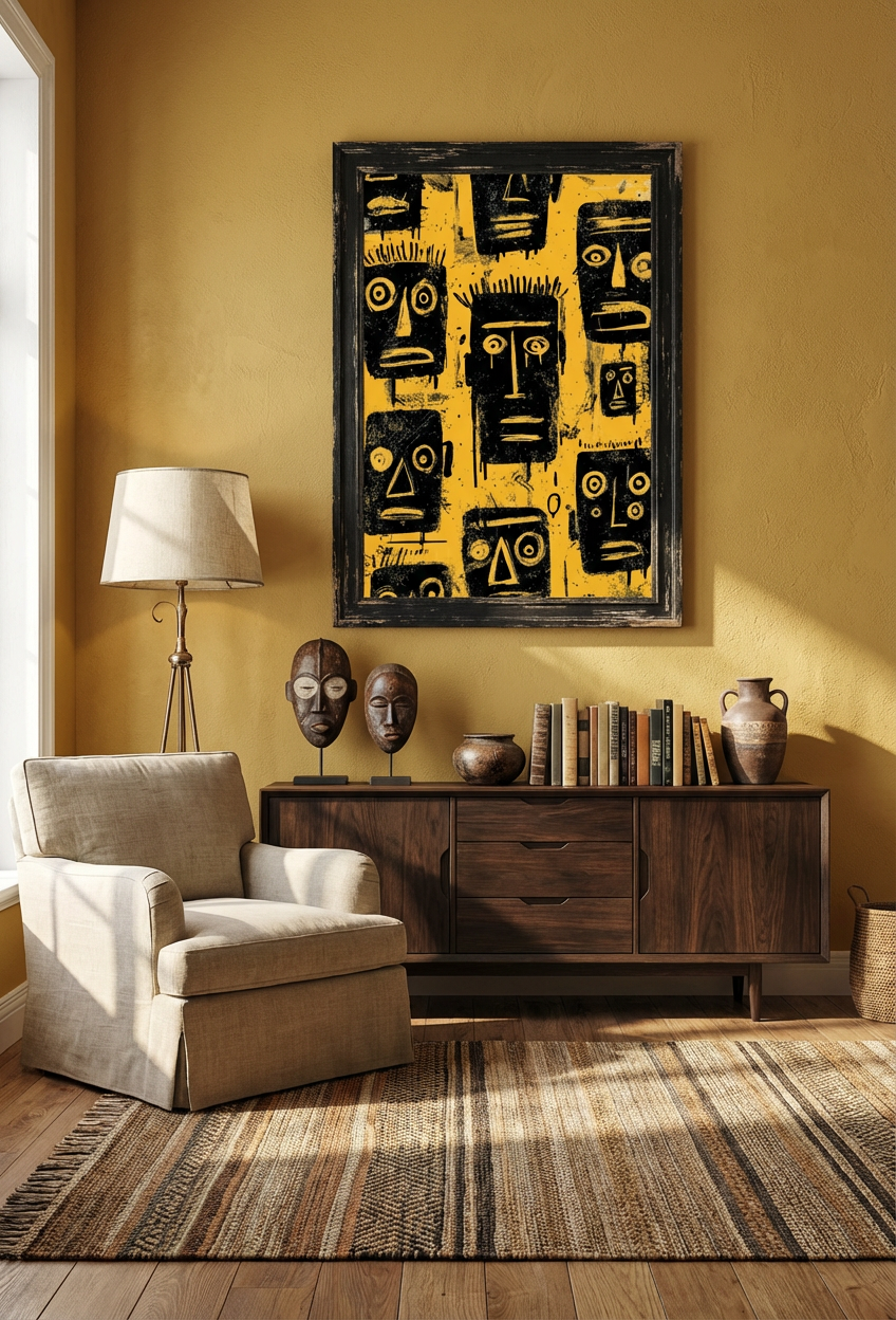 Afro Urban Mask Art Print – Bold Yellow & Black Abstract Wall Decor
