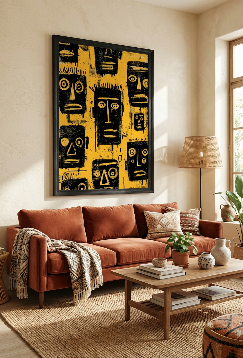 Afro Urban Mask Art Print – Bold Yellow & Black Abstract Wall Decor
