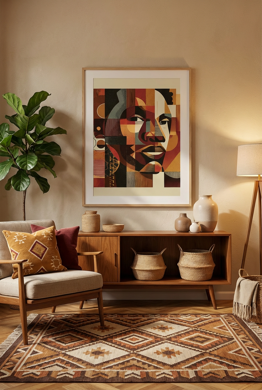 Afro Geometric Portrait Wall Art – African Inspired Abstract Face Modern Wall Decor