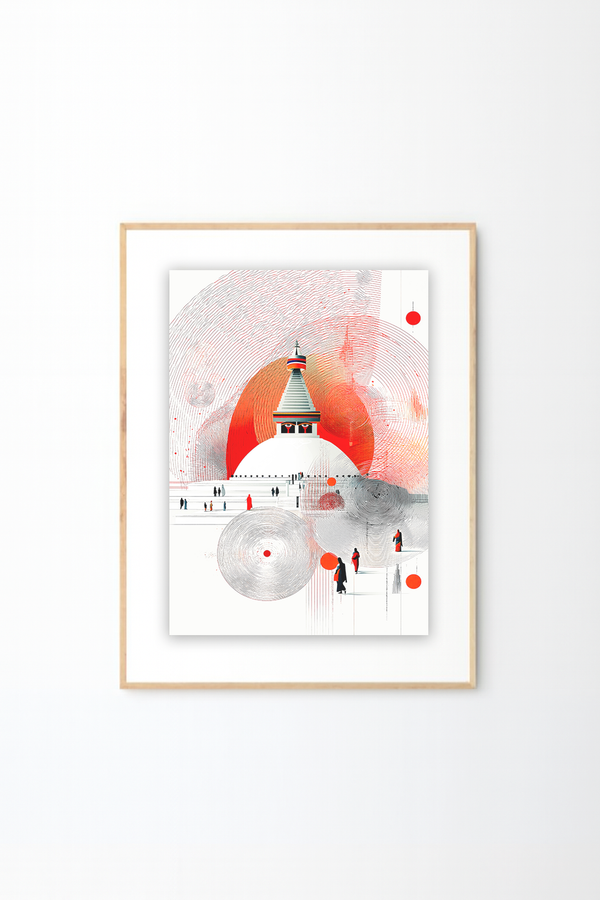 Himalayan Stupa in Red Sun – Modern Nepal Spiritual Wall Art