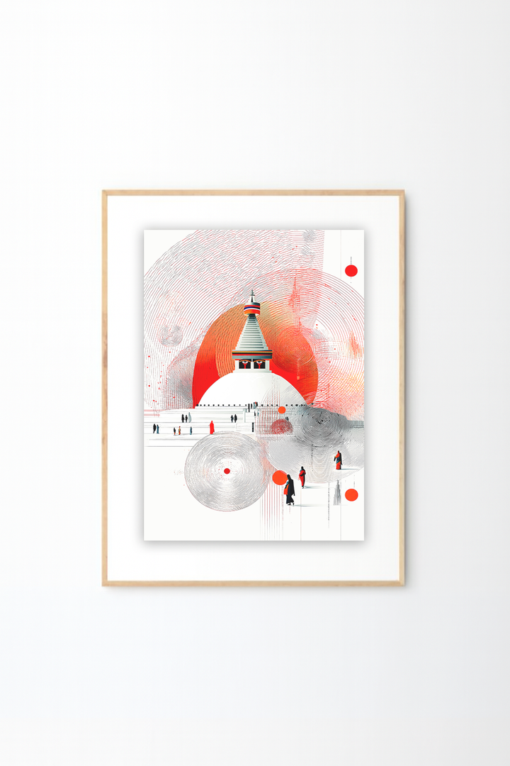 Himalayan Stupa in Red Sun – Modern Nepal Spiritual Wall Art