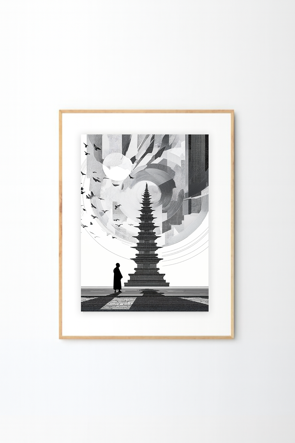Himalayan Pagoda Art Print | Black & White Zen Wall Decor | Modern Spiritual Art