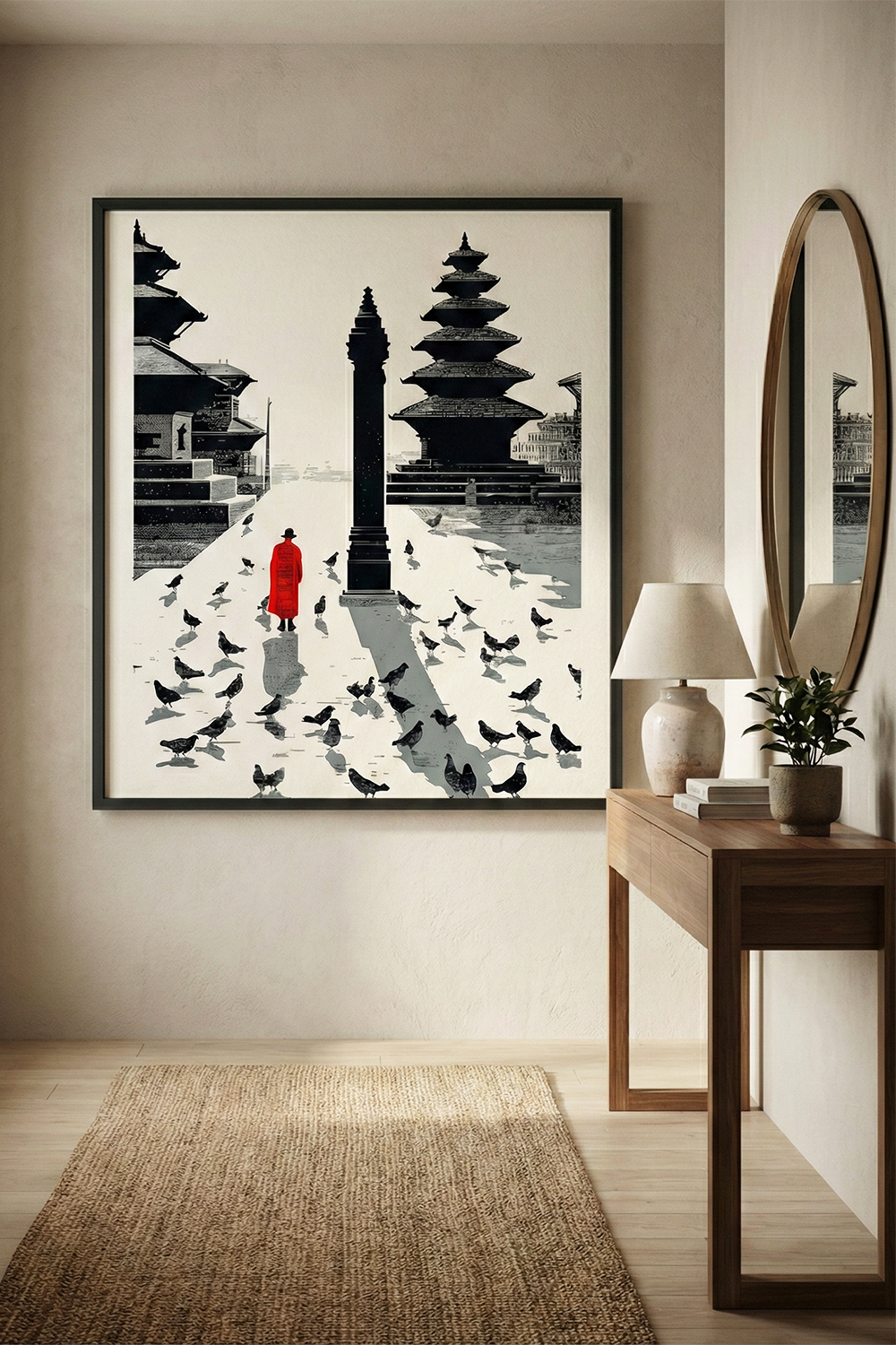 Himalayan Temple Plaza Art Print – Minimalist Red & Black Illustration